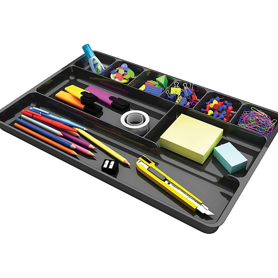 Deflecto Plastic Desk Drawer Organizer, 1"H x 14"W x 9"D, Black