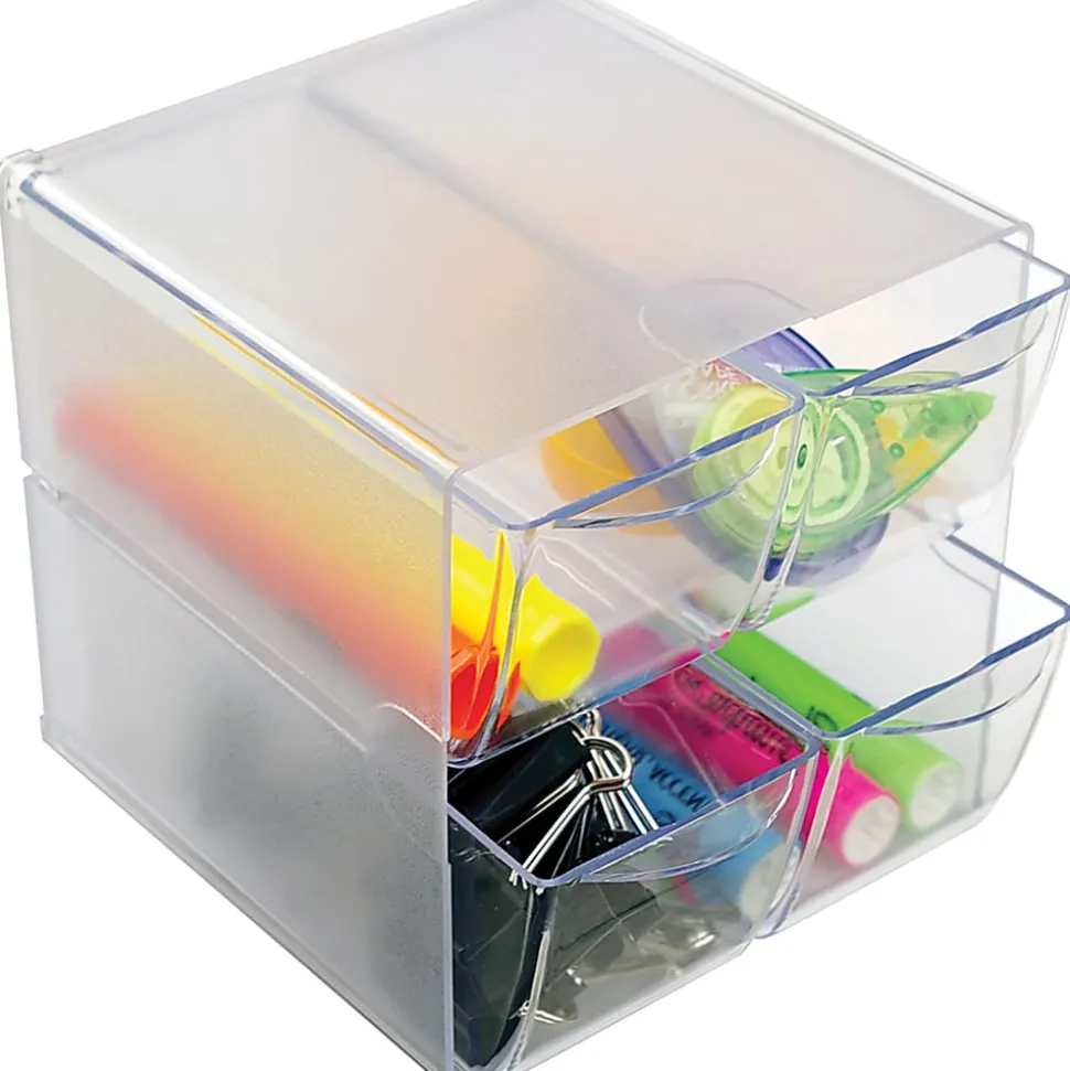 Deflecto Stackable Cube With 4 Drawers, 6"H x 6"W x 7 1/8"D, Clear