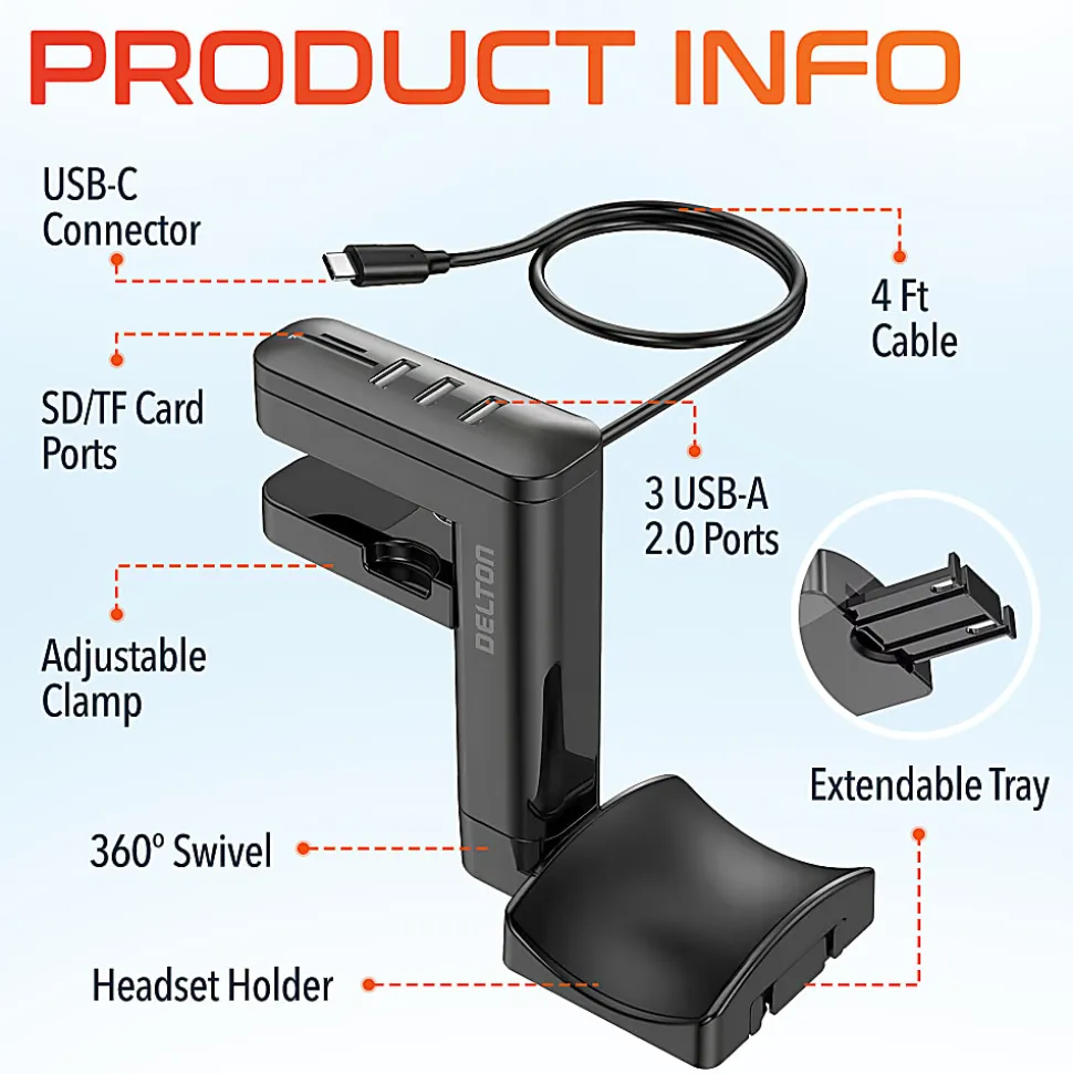 Delton HS7 Headset Holder And USB Charging Hub, 6"H x 1-1/2"W x 7"D, White