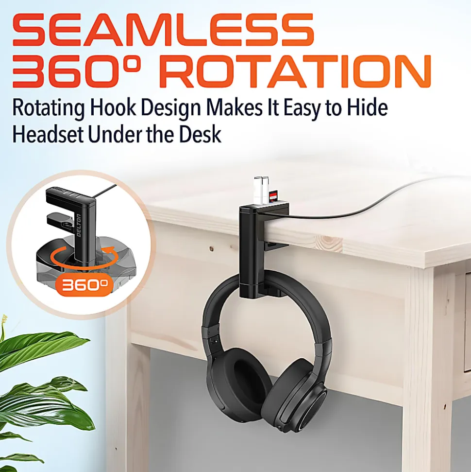 Delton HS7 Headset Holder And USB Charging Hub, 6"H x 1-1/2"W x 7"D, White