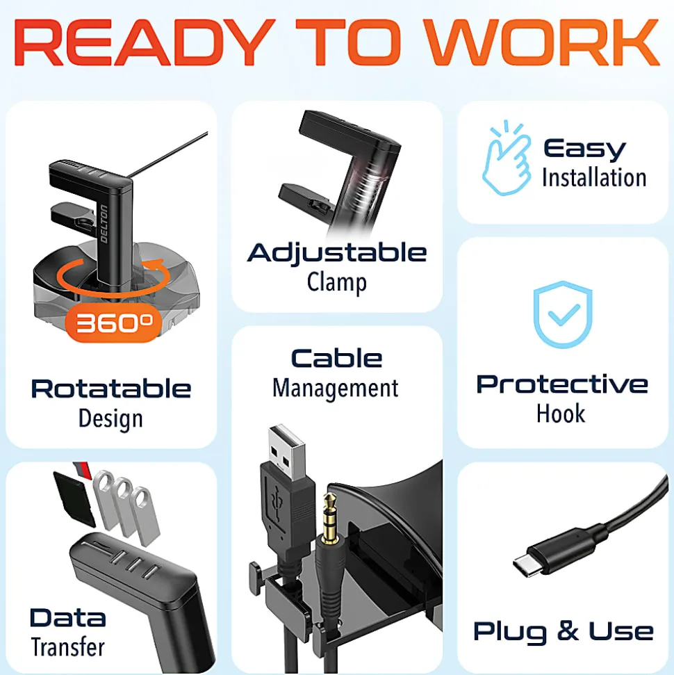 Delton HS7 Headset Holder And USB Charging Hub, 6"H x 1-1/2"W x 7"D, White