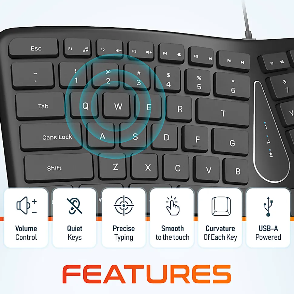 Delton KB250 Ergonomic Wired Keyboard, Black