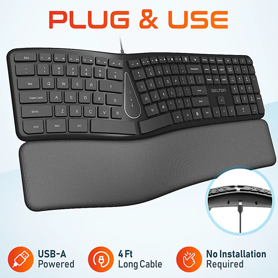 Delton KB250 Ergonomic Wired Keyboard, Black