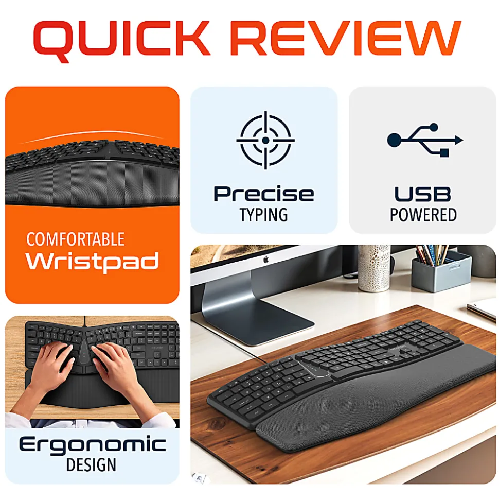 Delton KB250 Ergonomic Wired Keyboard, Black