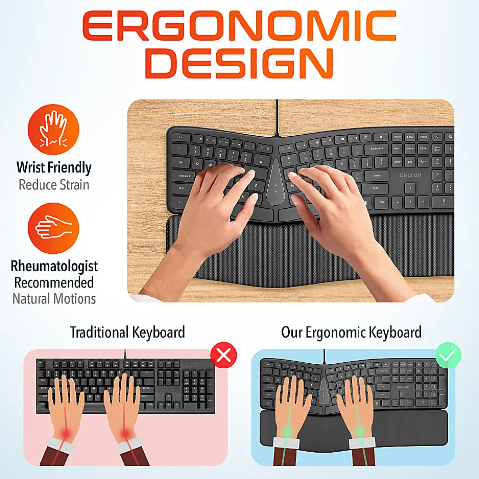 Delton KB250 Ergonomic Wired Keyboard, Black