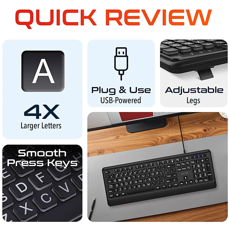 Delton KB20 Large Print Big Key Backlit Wired Keyboard, Black
