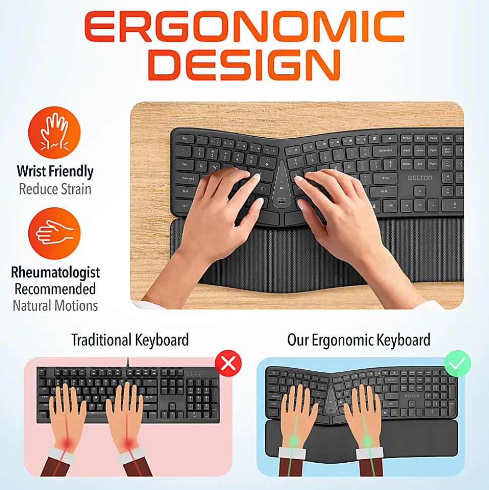 Delton KB250 Wireless Ergonomic Keyboard, Black