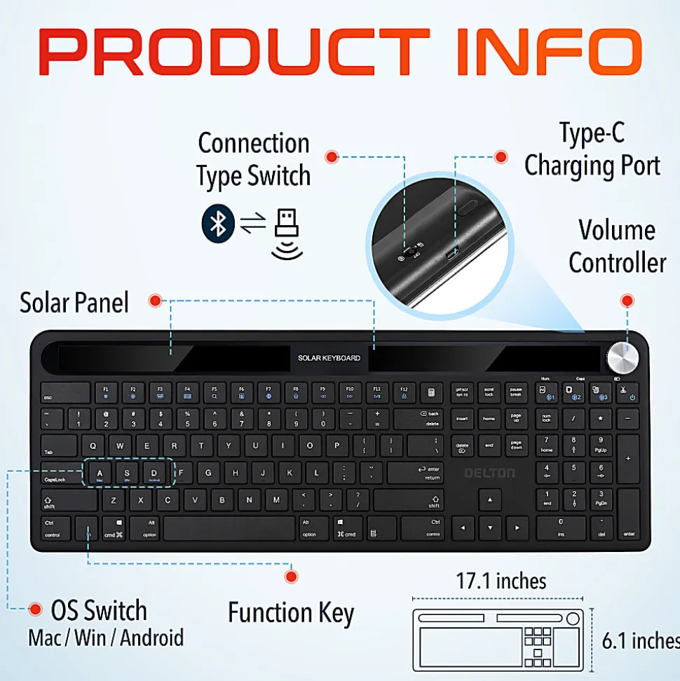 Delton KB90 Wireless Rechargeable Solar Powered Keyboard, Black