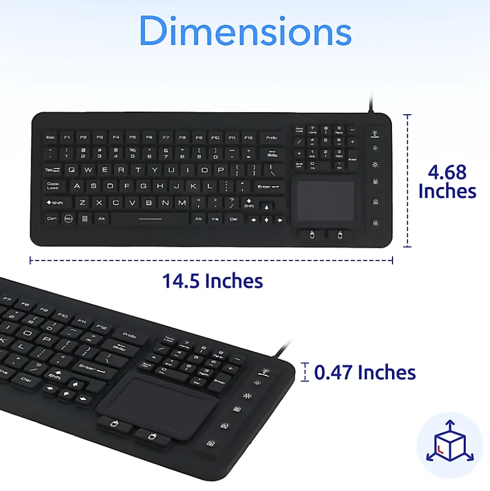 Delton M70 Medical Grade Airtight Waterproof USB Backlit Computer Keyboard And Touchpad, Black