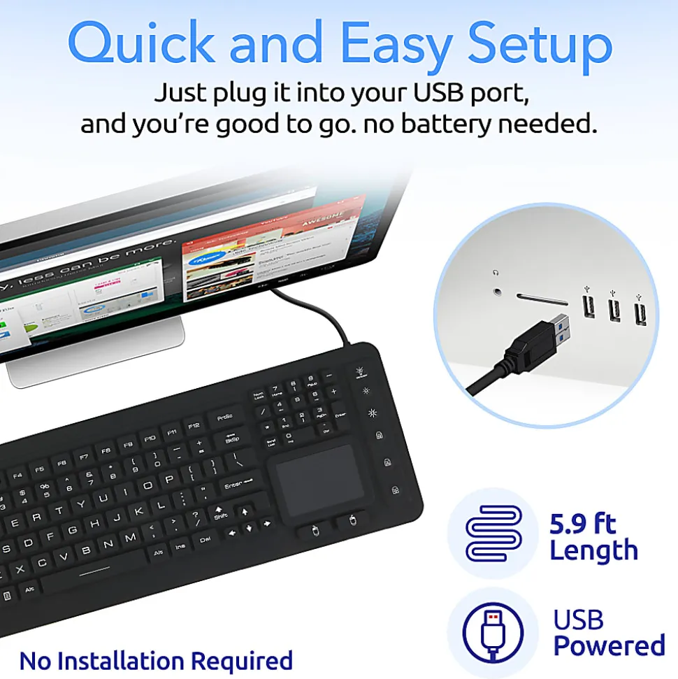 Delton M70 Medical Grade Airtight Waterproof USB Backlit Computer Keyboard And Touchpad, Black