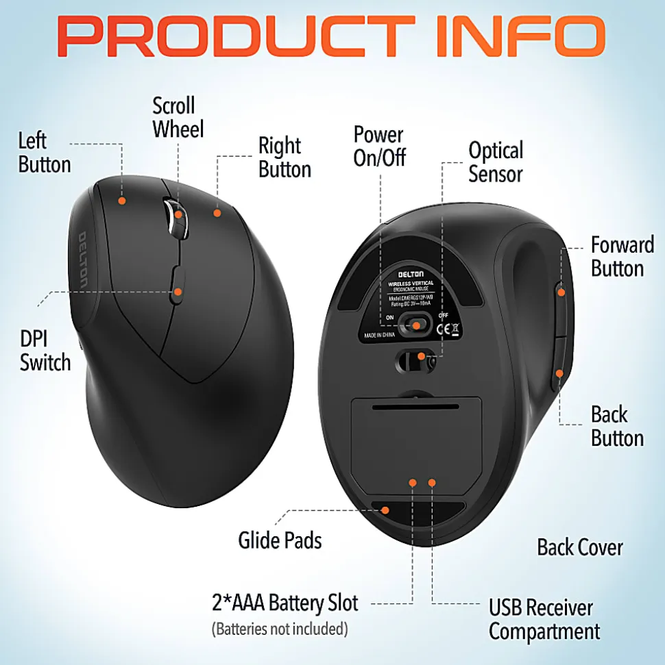Delton S12P Wireless Ergonomic Computer Mouse, Black