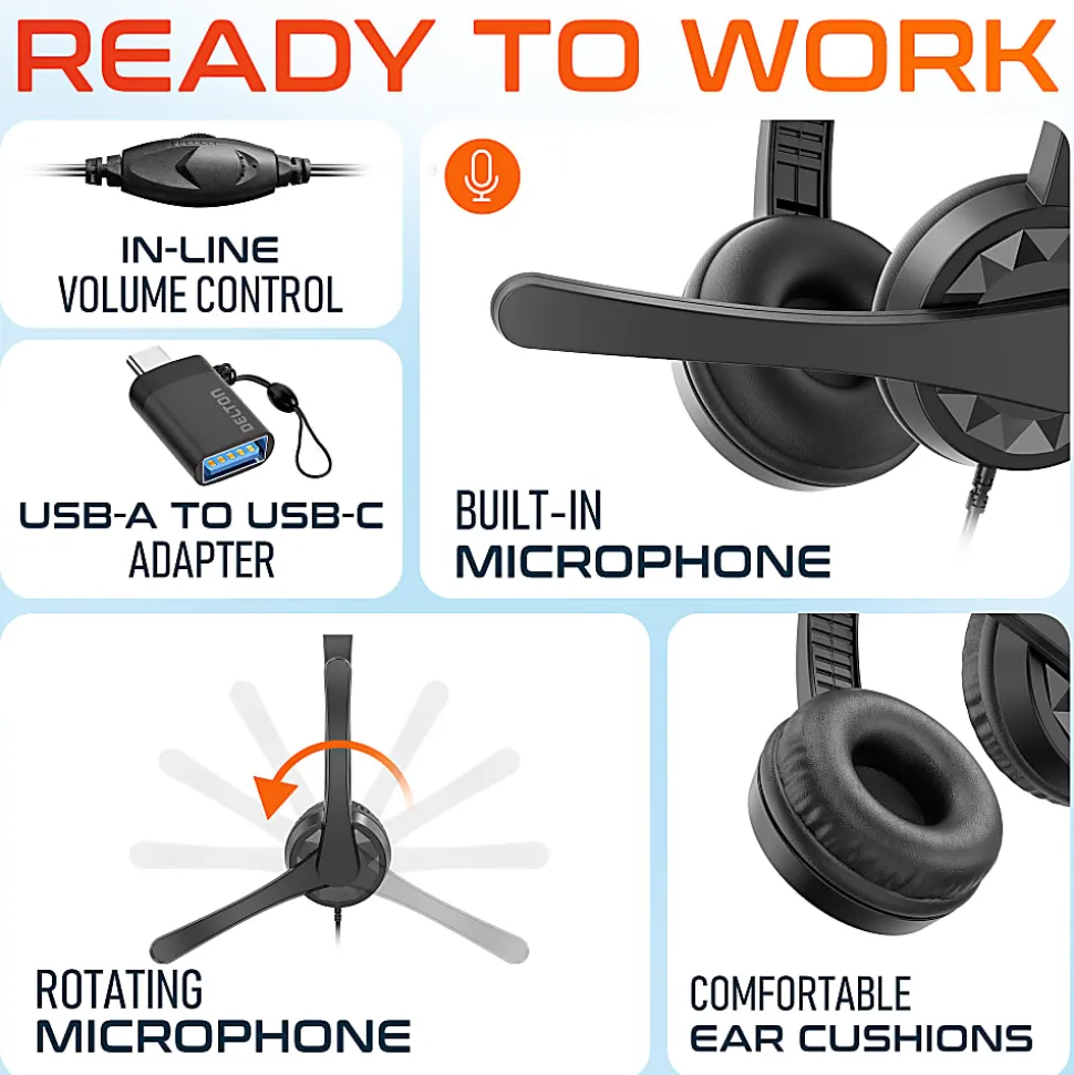 Delton 12Y Stereo On-Ear USB Type-A Headset, Black