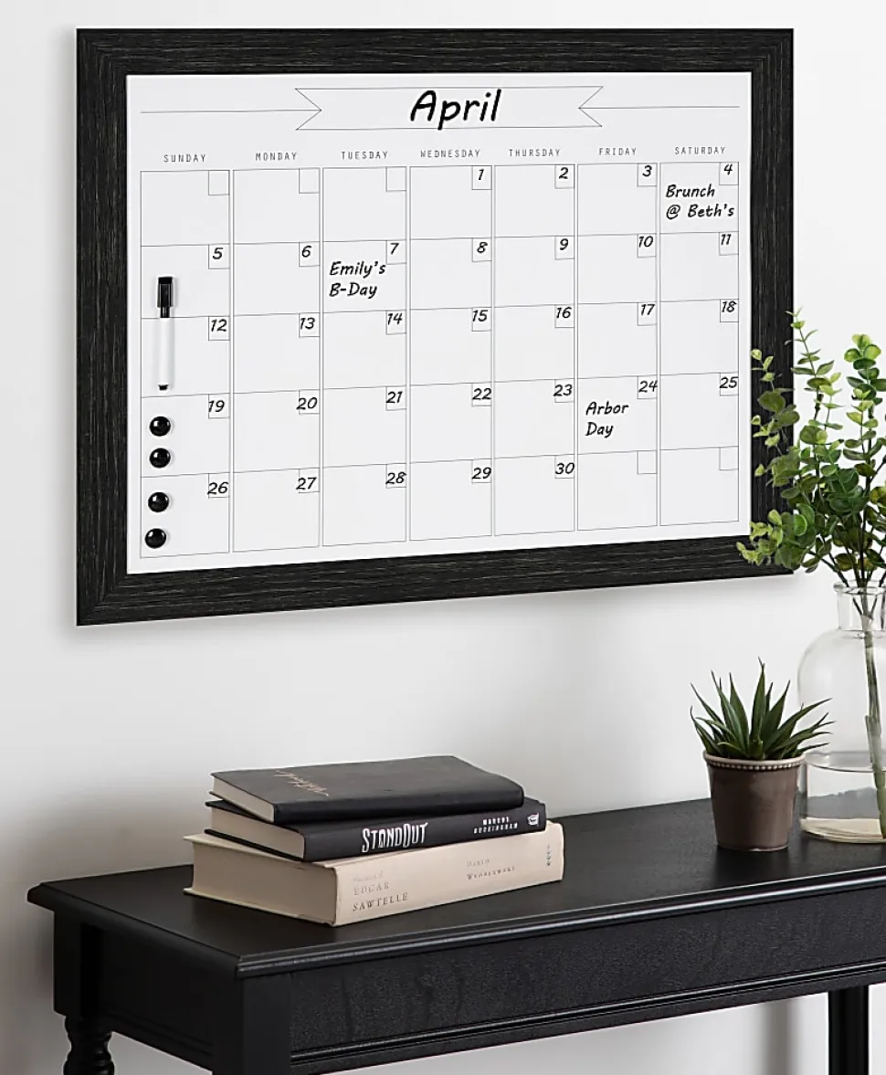 DesignOvations Beatrice Magnetic Framed Dry-Erase Monthly Calendar, Melamine, 23" x 29", White, Black Plastic Frame