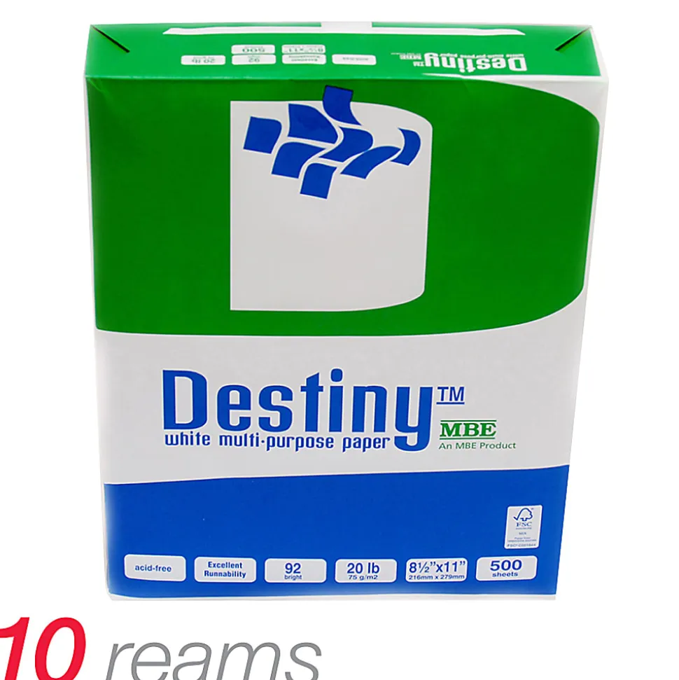 Destiny™ Multi-Use Printer & Copy Paper, 10 Reams, White, Letter (8.5" x 11"), 5000 Sheets Per Case, 20 Lb, 92 Brightness