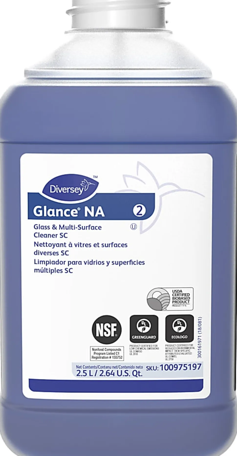 Diversey Glance Non-Ammoniated Glass & Multi-Surface Cleaner, Unscented, 2.5 L, Pack Of 2 Bottles