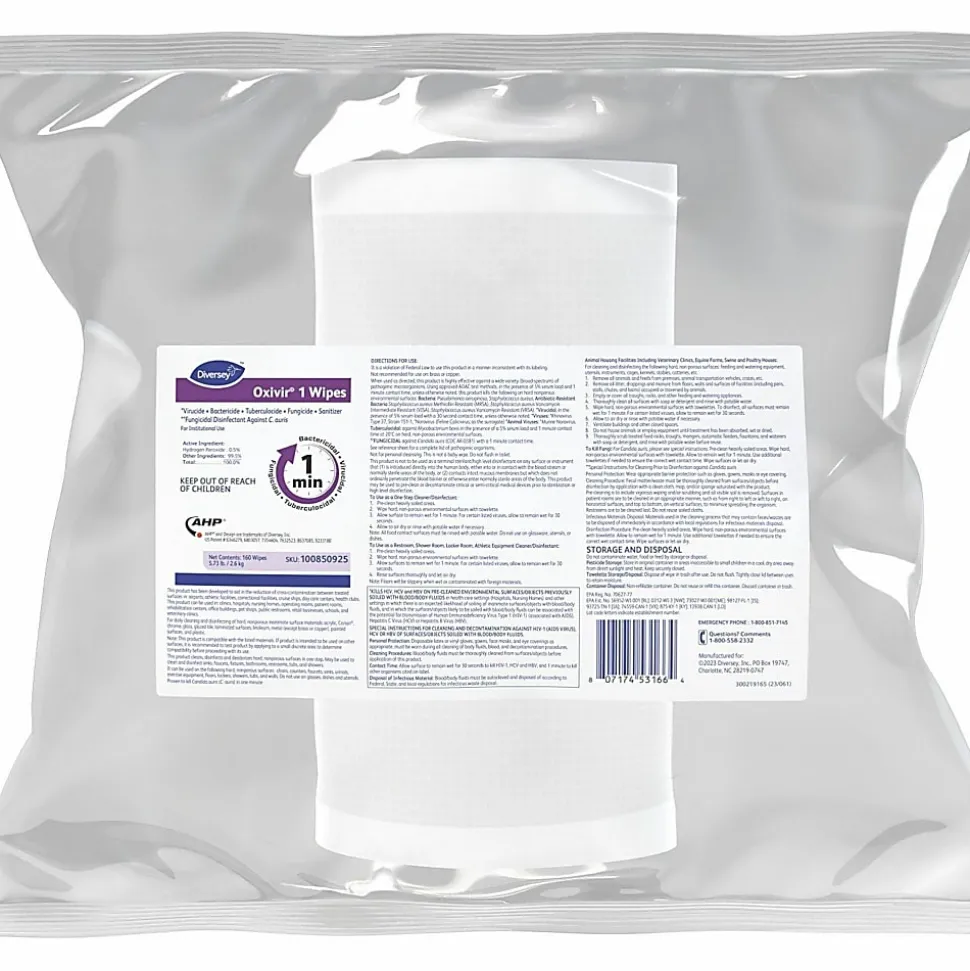 Diversey Oxivir 1 Disinfectant Wipes, 11" x 12", 160 Wipes Per Pouch, Case Of 4 Pouches