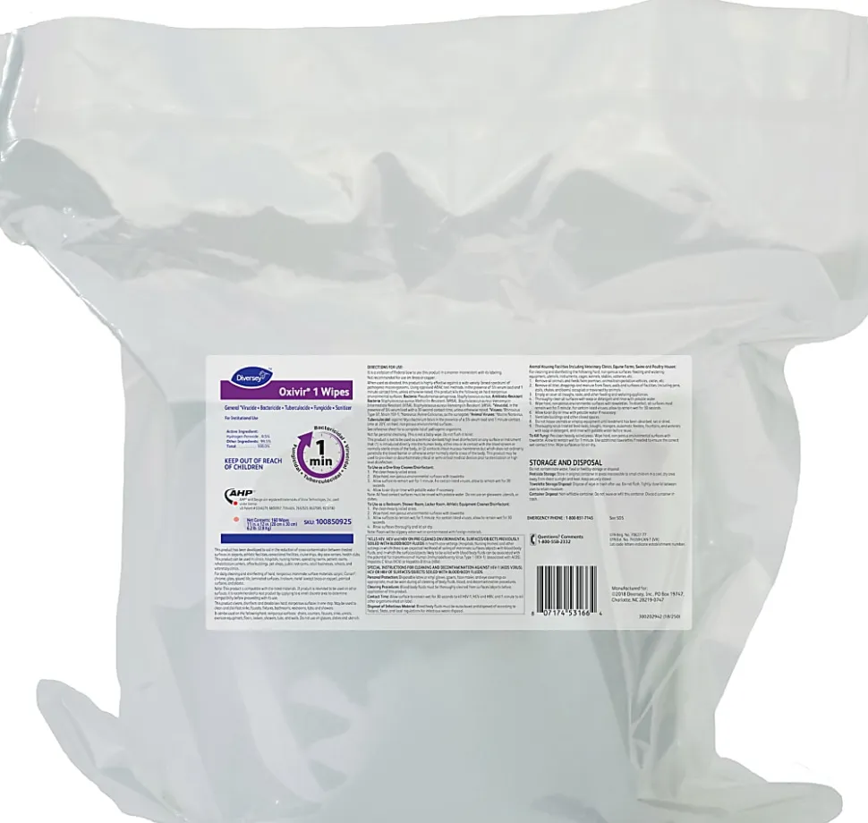 Diversey Oxivir 1 Disinfectant Wipes, 11" x 12", 160 Wipes Per Pouch, Case Of 4 Pouches