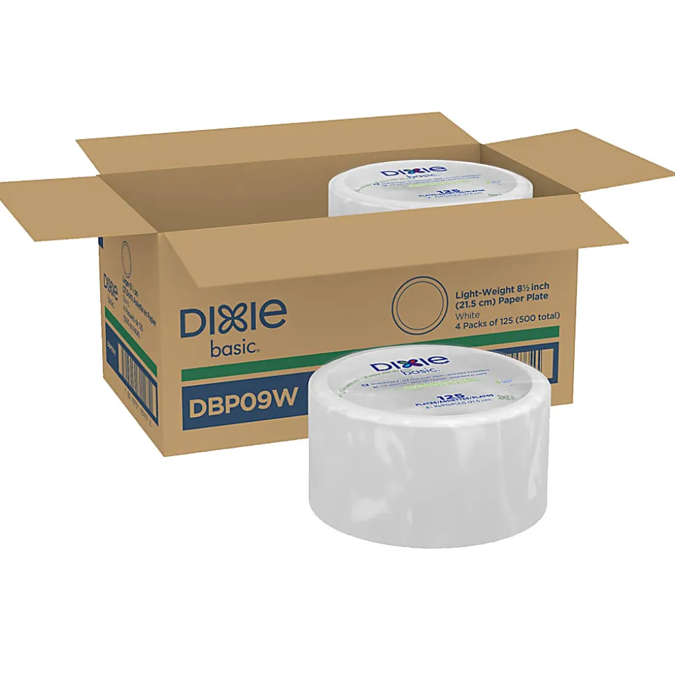 Dixie Basic® Light-Weight Paper Plates, 8 1/2", White, 500 Count (125 Plates Per Pack, 4 Packs Per Case)