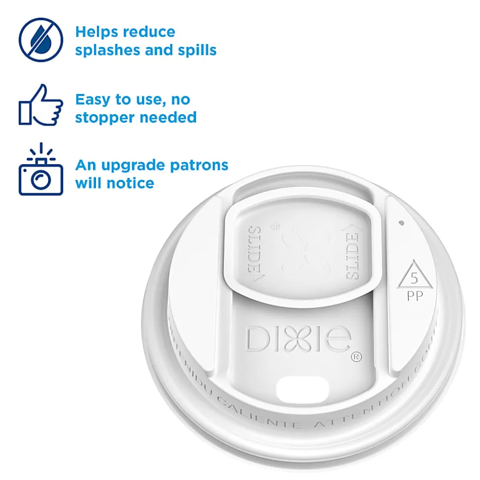 Dixie® Reclosable Sliding Hot Cup Lids, Fits 10-20 Oz Cups, White, 1,000 Count (100 Lids Per Sleeve, 10 Sleeves Per Case)