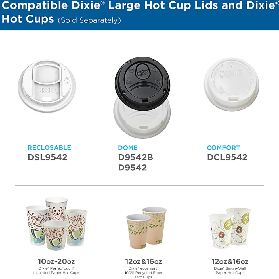 Dixie® Reclosable Sliding Hot Cup Lids, Fits 10-20 Oz Cups, White, 1,000 Count (100 Lids Per Sleeve, 10 Sleeves Per Case)