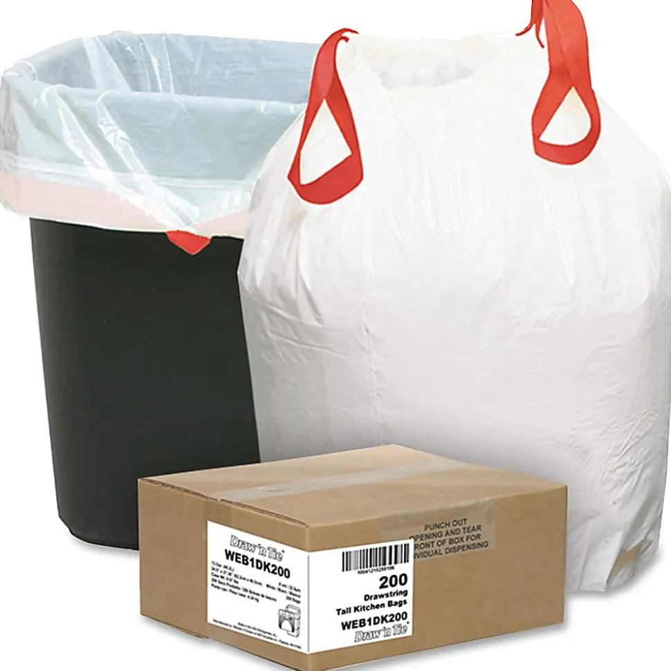 Draw 'n Tie® 0.9-mil Trash Bags, 13 Gallons, 24-1/2" x 27-3/8", White, Box Of 200