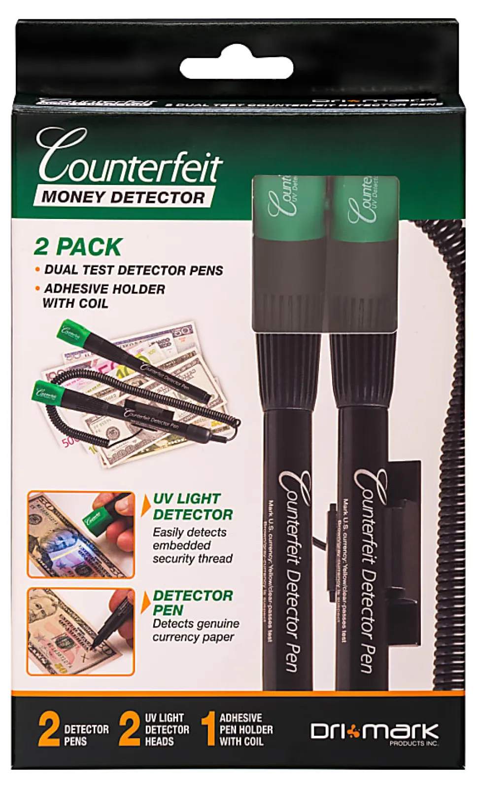 Dri-Mark® Dual-Test Counterfeit Detection Pens With UV LED Light, Black, Pack Of 2 Pens