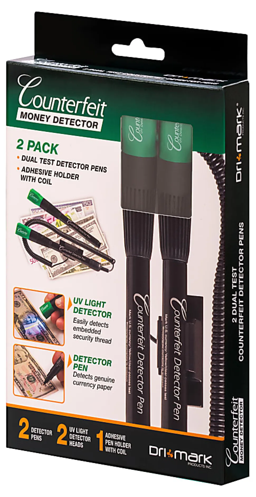 Dri-Mark® Dual-Test Counterfeit Detection Pens With UV LED Light, Black, Pack Of 2 Pens