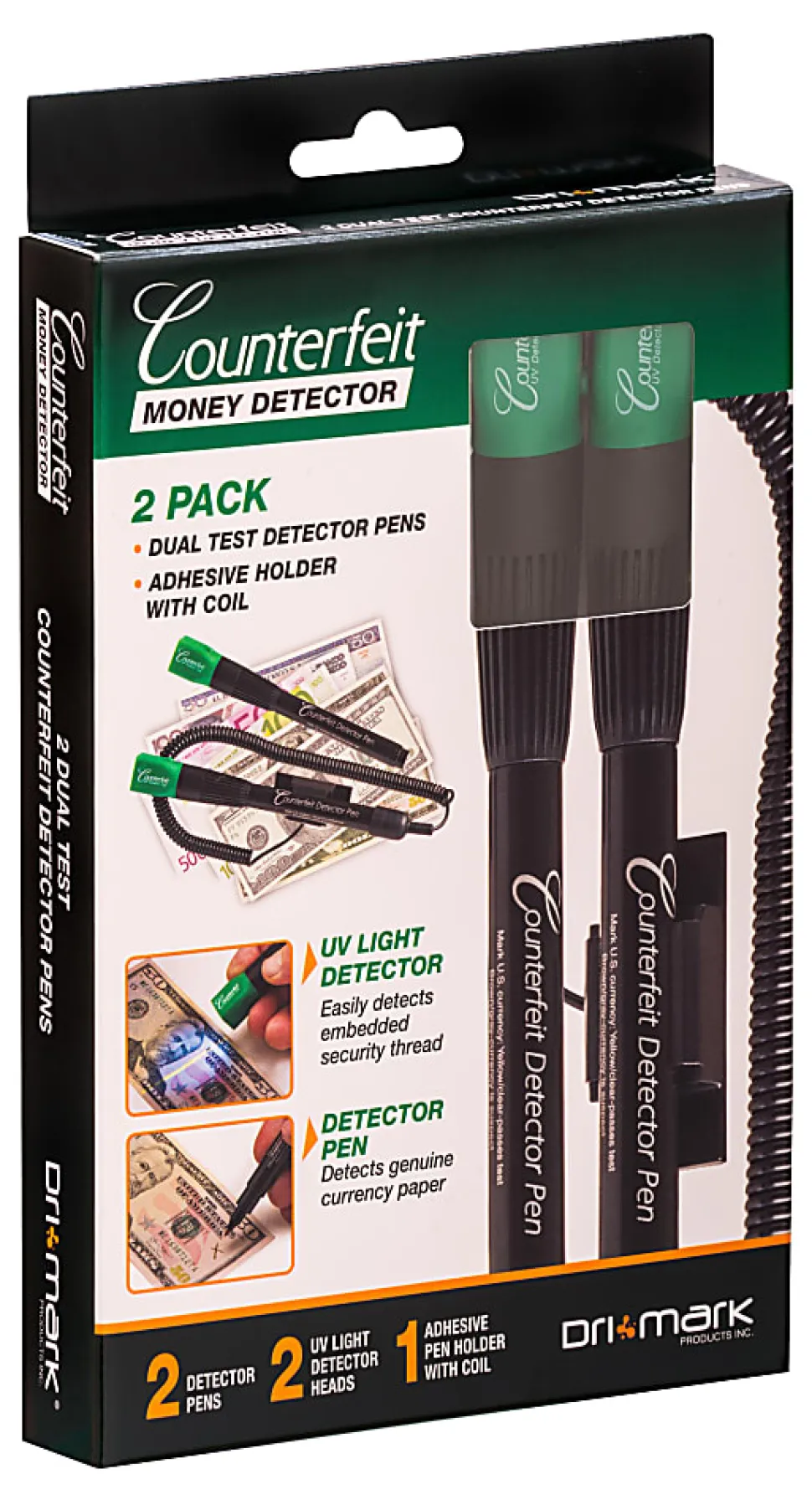 Dri-Mark® Dual-Test Counterfeit Detection Pens With UV LED Light, Black, Pack Of 2 Pens