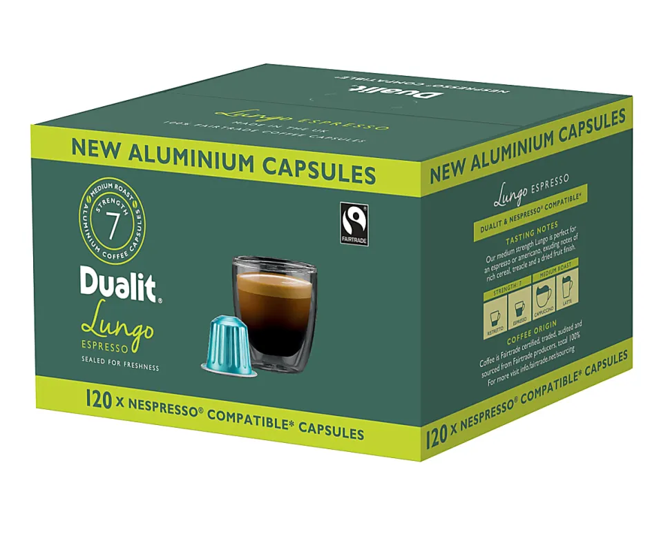 Dualit And Nespresso® Compatible Aluminum Coffee NX Freshpacks, Lungo Americano Espresso, Carton Of 120 Capsules