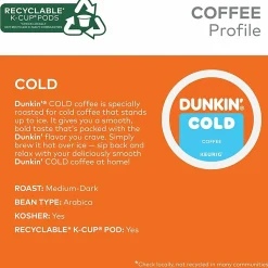 Dunkin' Brew K-Cup, Pod Over Ice, Keurig Single Serve K-Cup Pods, 22 Count - Smooth - K-Cup, Pod - Roasted, Arabica - Kosher - 22 / Pack
