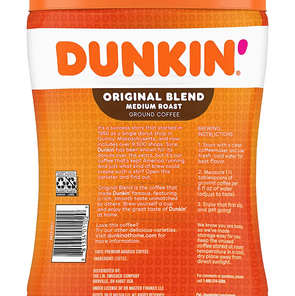 Dunkin' Donuts Original Blend Ground Canister Coffee, Medium Roast, Case Of 4, 30 Oz Per Canister