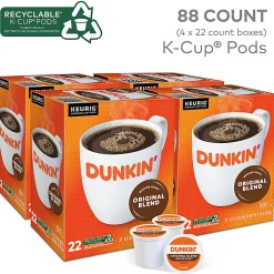 Dunkin' Original Blend Keurig Single Serve K-Cup Pods, Medium Roast, 22 Pods Per Pack, Case Of 4 Packs