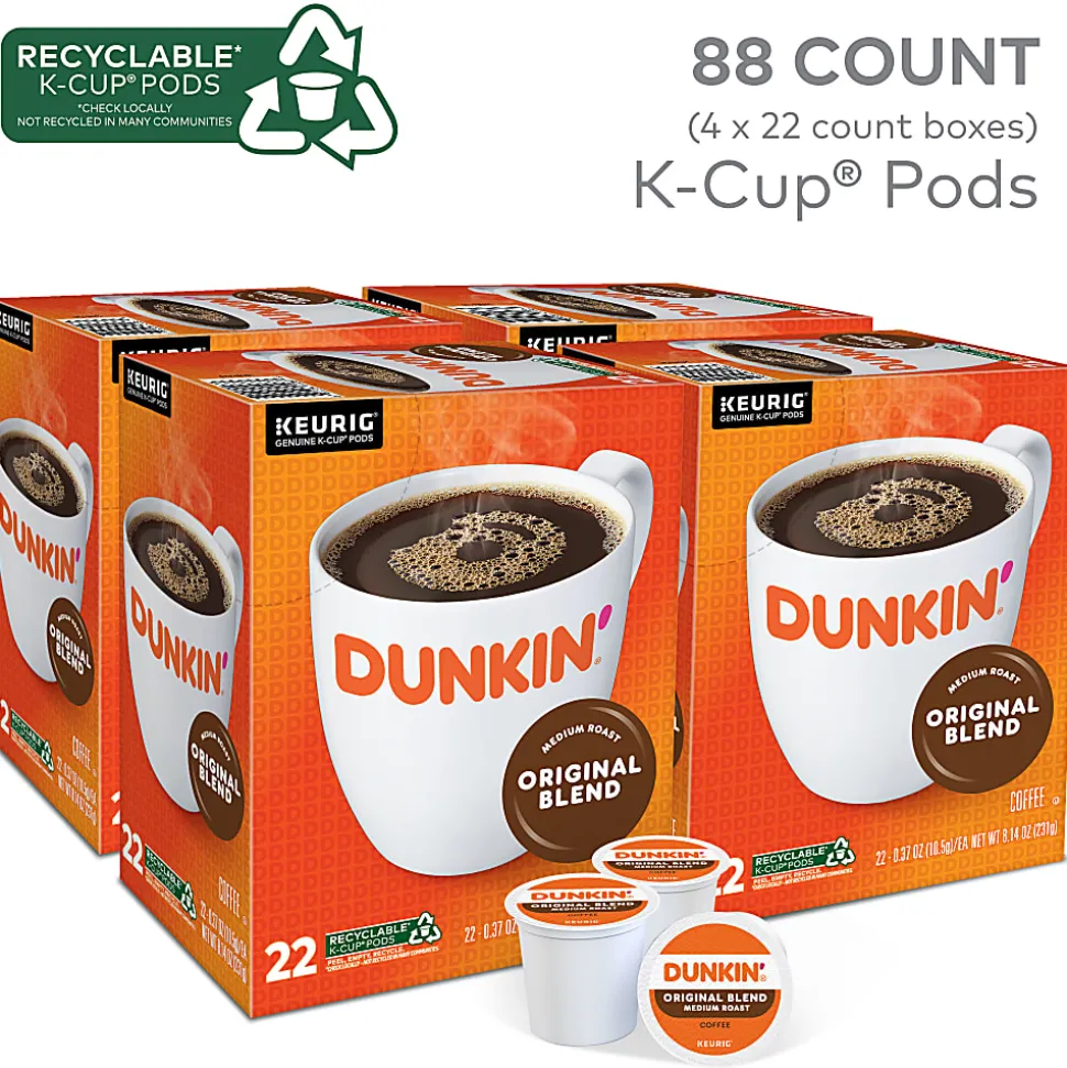 Dunkin' Original Blend Keurig Single Serve K-Cup Pods, Medium Roast, 22 Pods Per Pack, Case Of 4 Packs