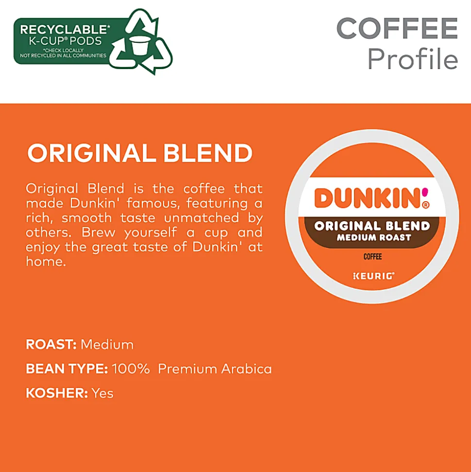 Dunkin' Original Blend Keurig Single Serve K-Cup Pods, Medium Roast, 22 Pods Per Pack, Case Of 4 Packs