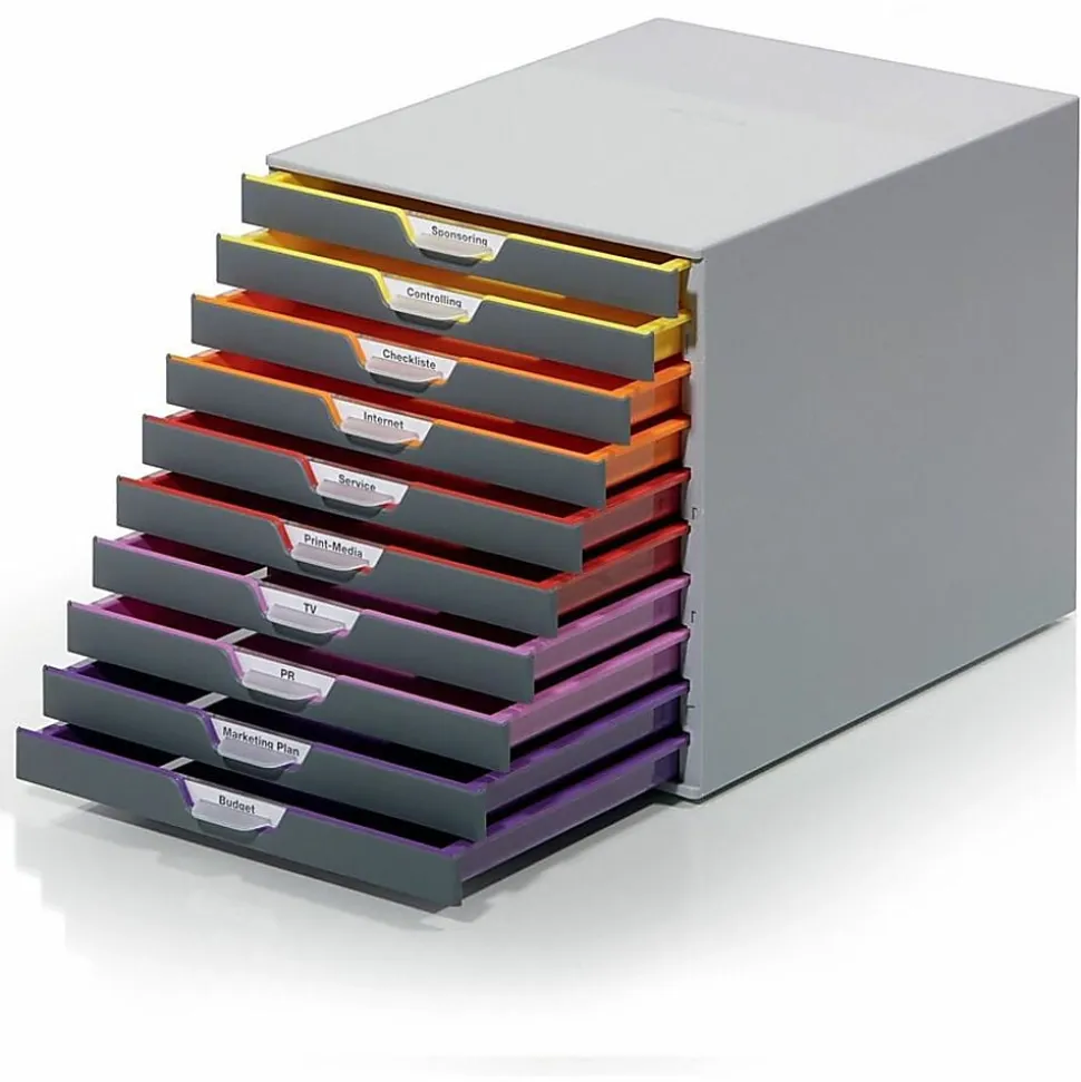 DURABLE® VARICOLOR® Desktop 10 Drawer Organizer - 11" W x 11-3/8" H x 14" D - 10 Drawers - Color Labeled Tabs - Charcoal