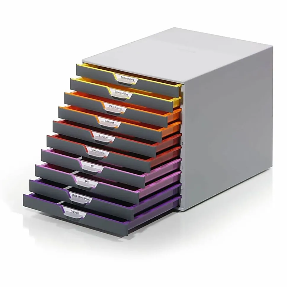 DURABLE® VARICOLOR® Desktop 10 Drawer Organizer - 11" W x 11-3/8" H x 14" D - 10 Drawers - Color Labeled Tabs - Charcoal