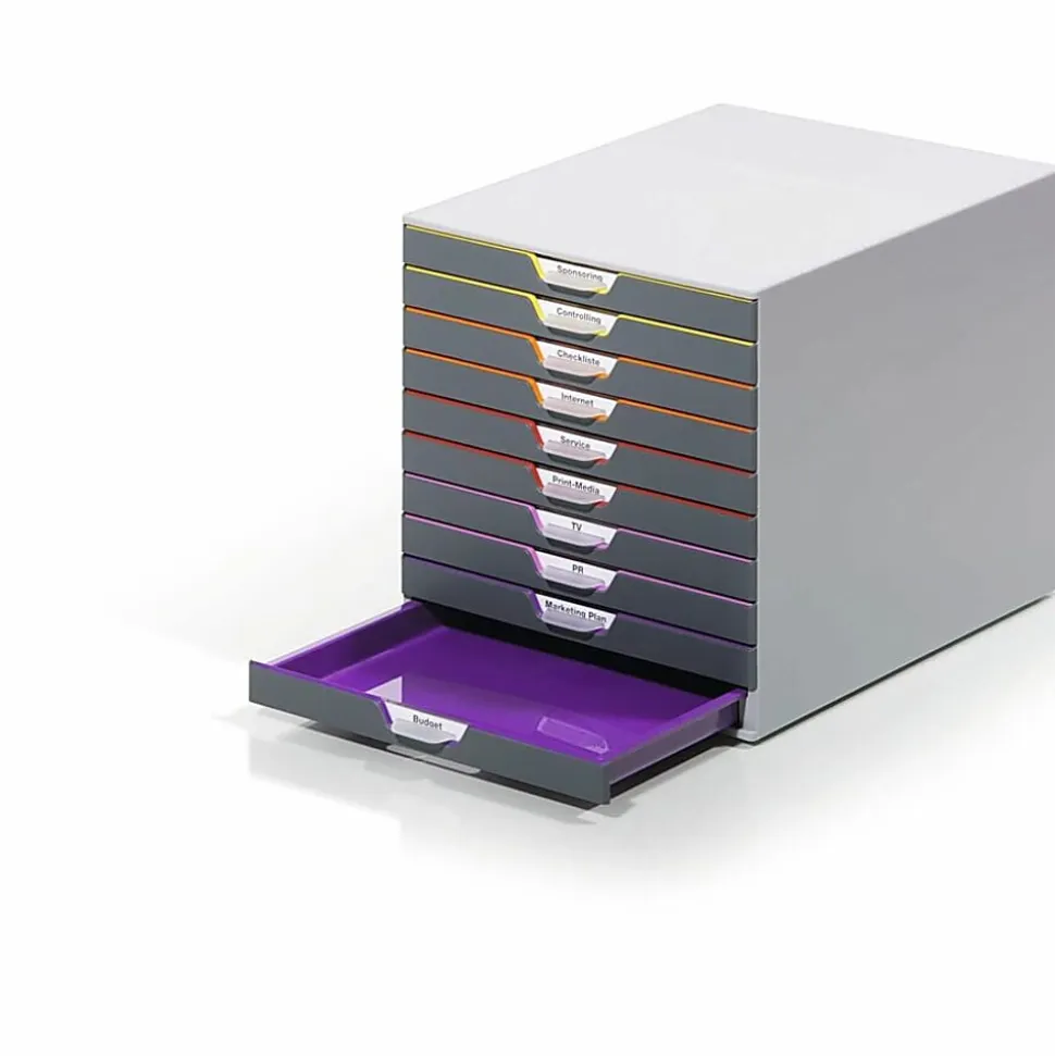 DURABLE® VARICOLOR® Desktop 10 Drawer Organizer - 11" W x 11-3/8" H x 14" D - 10 Drawers - Color Labeled Tabs - Charcoal