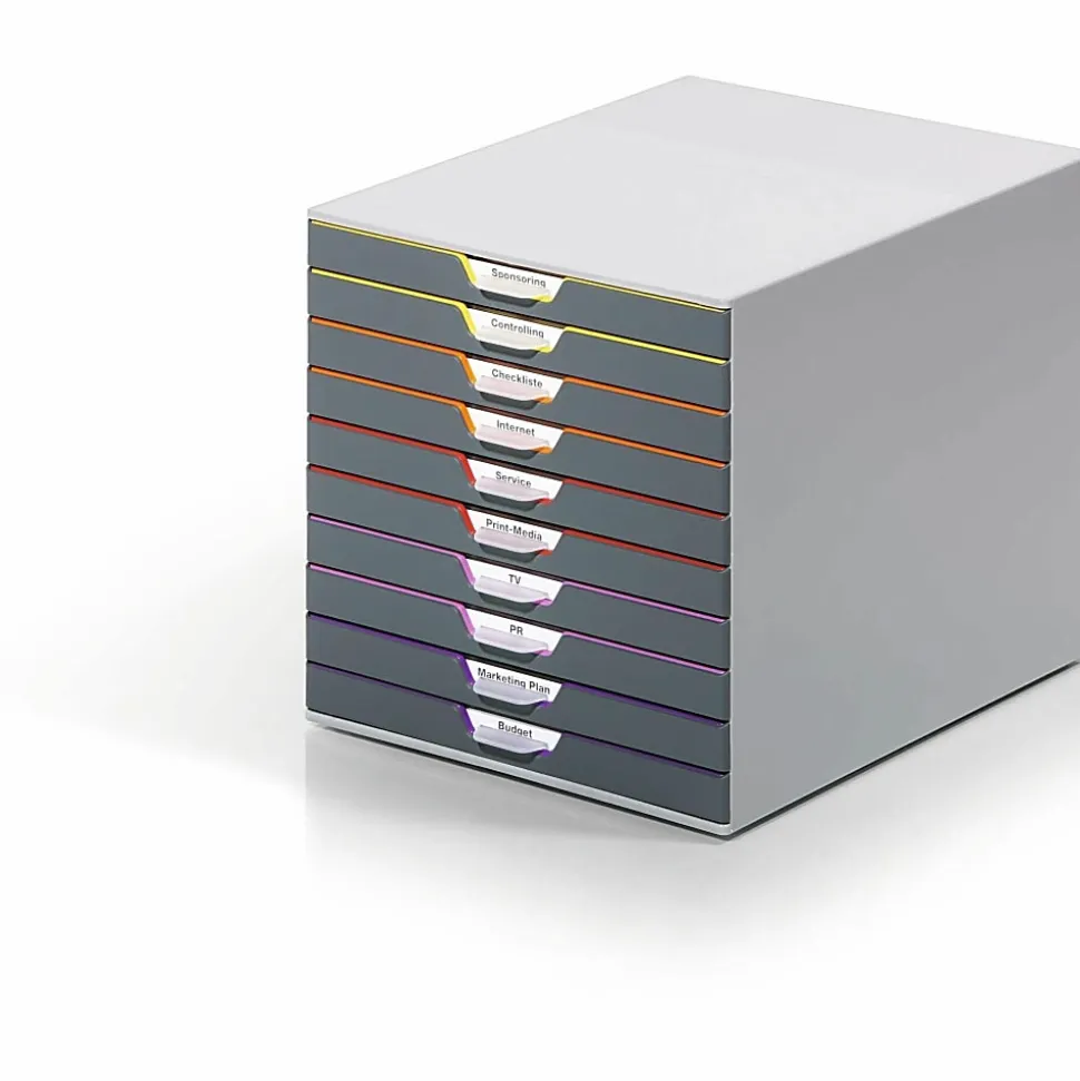 DURABLE® VARICOLOR® Desktop 10 Drawer Organizer - 11" W x 11-3/8" H x 14" D - 10 Drawers - Color Labeled Tabs - Charcoal