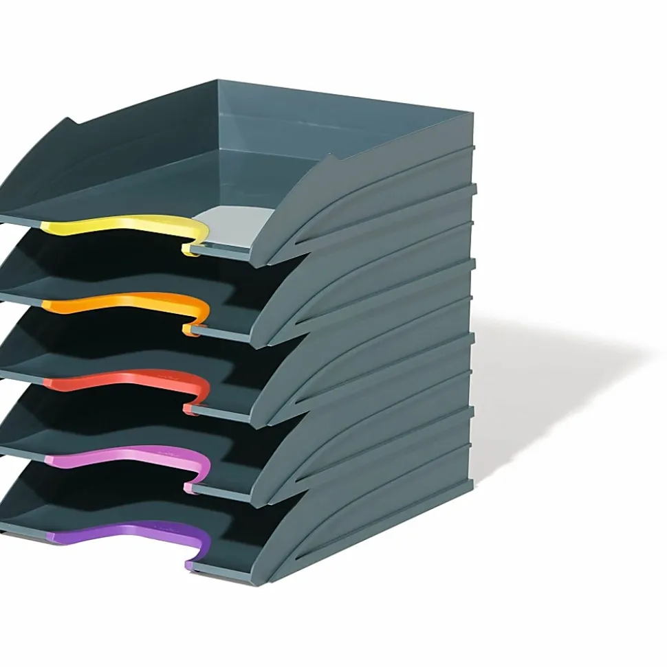 DURABLE® VARICOLOR® Stackable 5 Letter Trays - 10-1/2" W x 13-1/4" H x 13-1/4" HD- Color Labeled - Multi / Charcoal - Set of 5