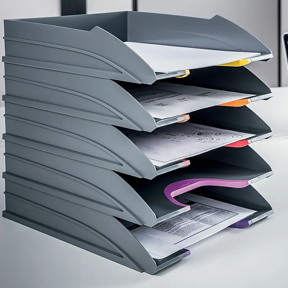 DURABLE® VARICOLOR® Stackable 5 Letter Trays - 10-1/2" W x 13-1/4" H x 13-1/4" HD- Color Labeled - Multi / Charcoal - Set of 5