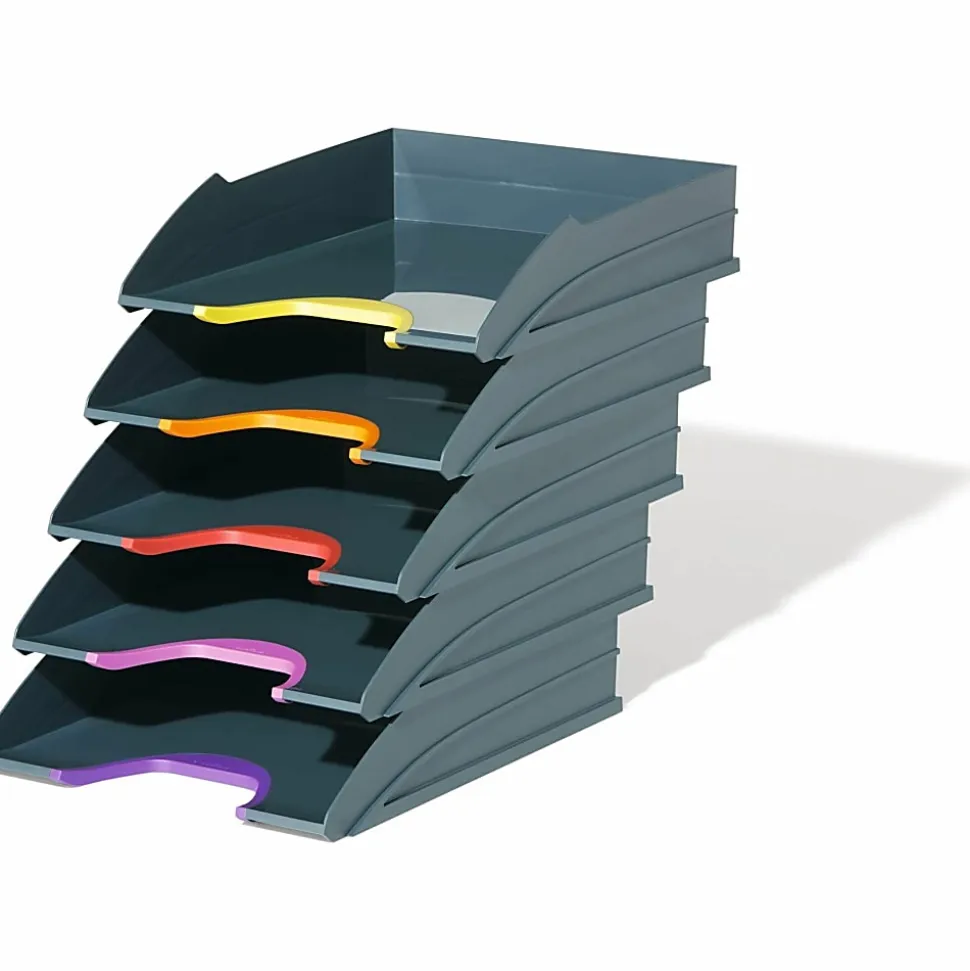 DURABLE® VARICOLOR® Stackable 5 Letter Trays - 10-1/2" W x 13-1/4" H x 13-1/4" HD- Color Labeled - Multi / Charcoal - Set of 5