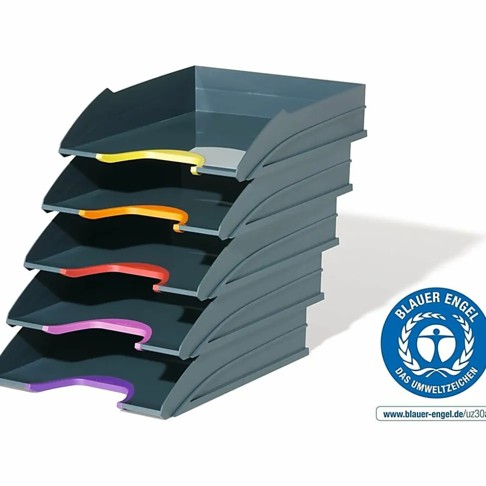 DURABLE® VARICOLOR® Stackable 5 Letter Trays - 10-1/2" W x 13-1/4" H x 13-1/4" HD- Color Labeled - Multi / Charcoal - Set of 5