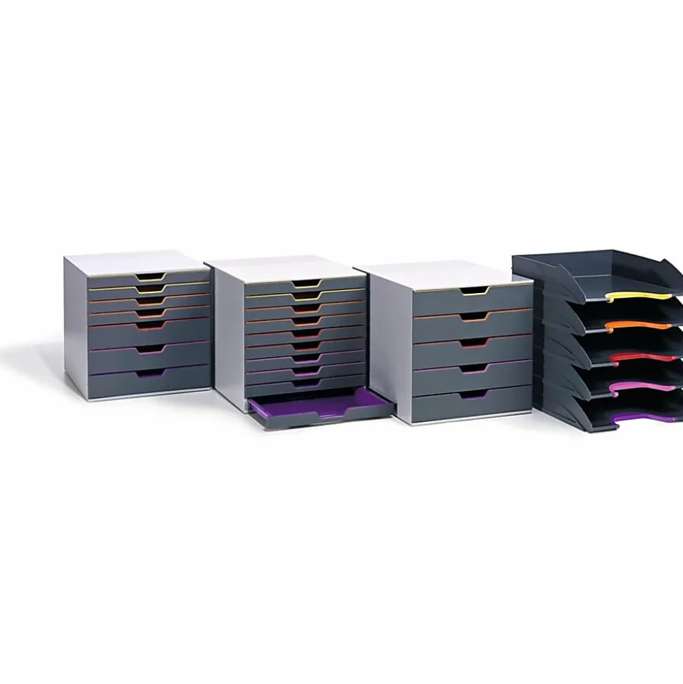 DURABLE® VARICOLOR® Stackable 5 Letter Trays - 10-1/2" W x 13-1/4" H x 13-1/4" HD- Color Labeled - Multi / Charcoal - Set of 5