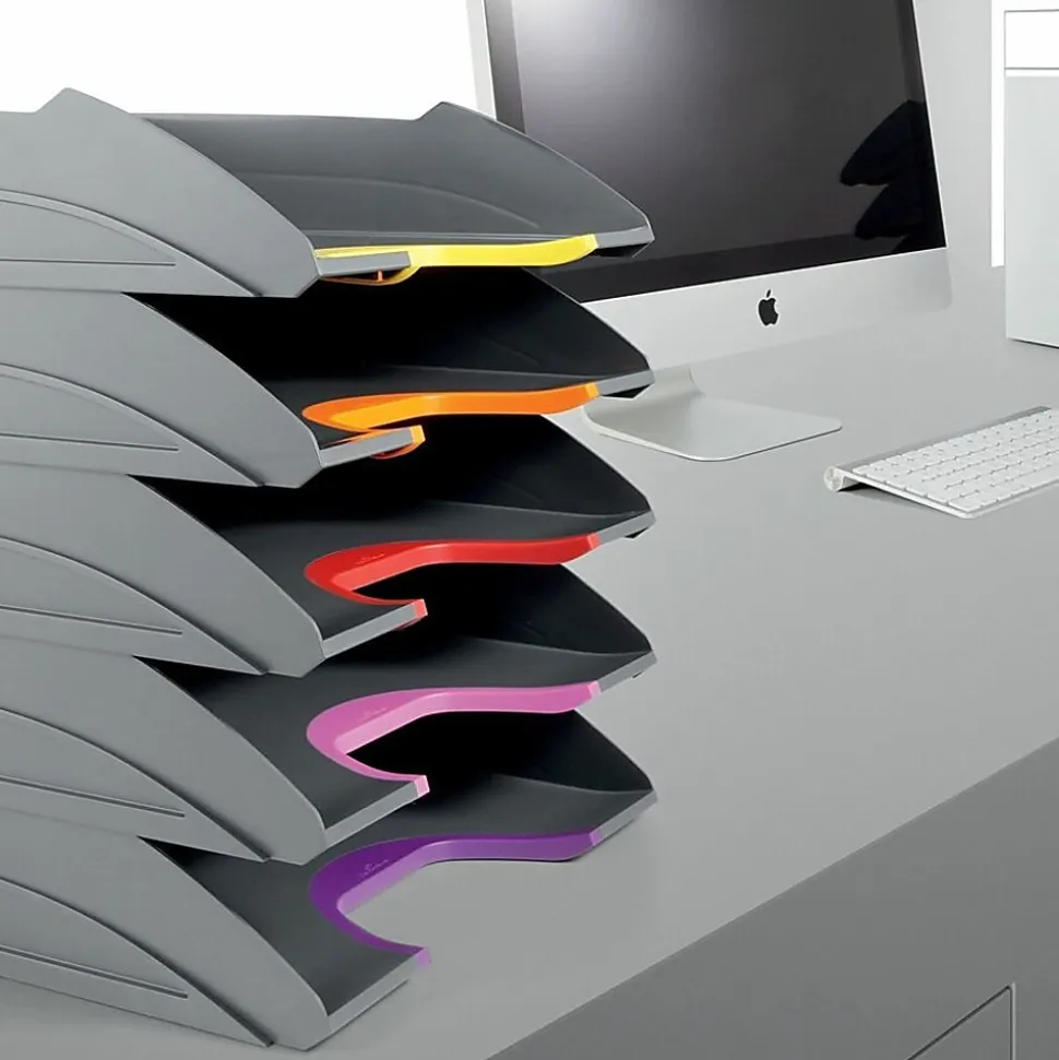 DURABLE® VARICOLOR® Stackable 5 Letter Trays - 10-1/2" W x 13-1/4" H x 13-1/4" HD- Color Labeled - Multi / Charcoal - Set of 5