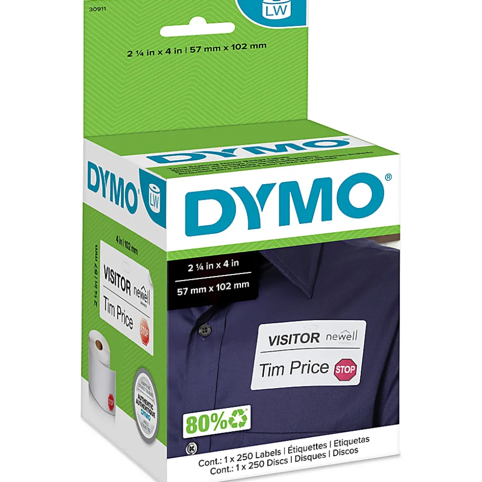 DYMO® Authentic LW Name Badge Labels with 12-Hour Expiration Notification Disks for LabelWriter™ Label Printers, White, 2-1/4" x 4", 1 Roll of 250