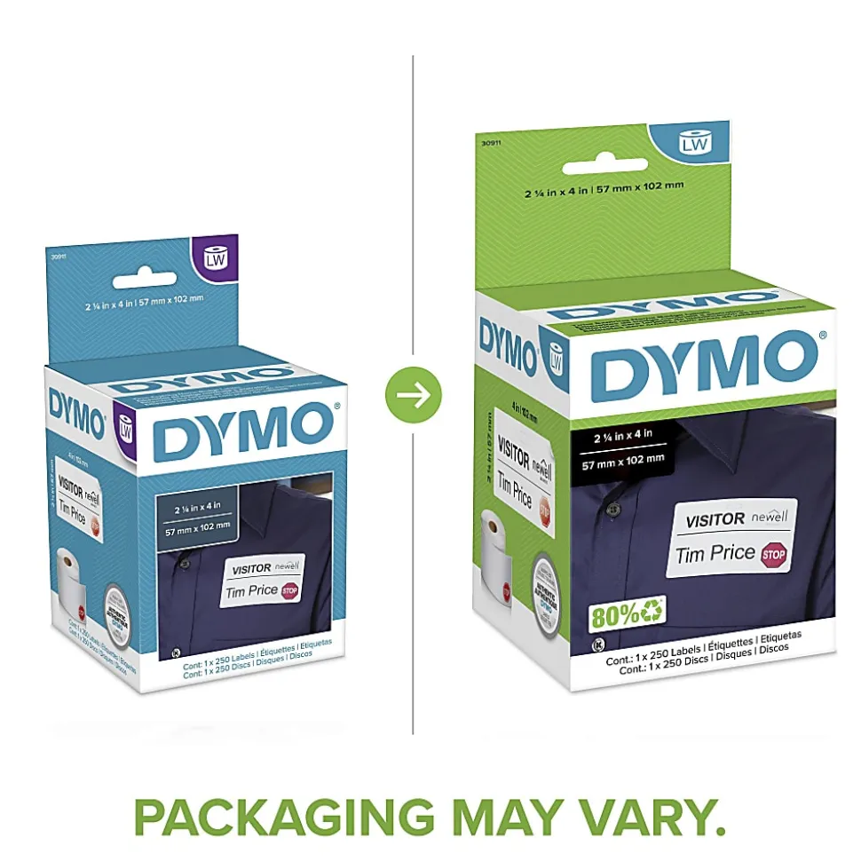 DYMO® Authentic LW Name Badge Labels with 12-Hour Expiration Notification Disks for LabelWriter™ Label Printers, White, 2-1/4" x 4", 1 Roll of 250