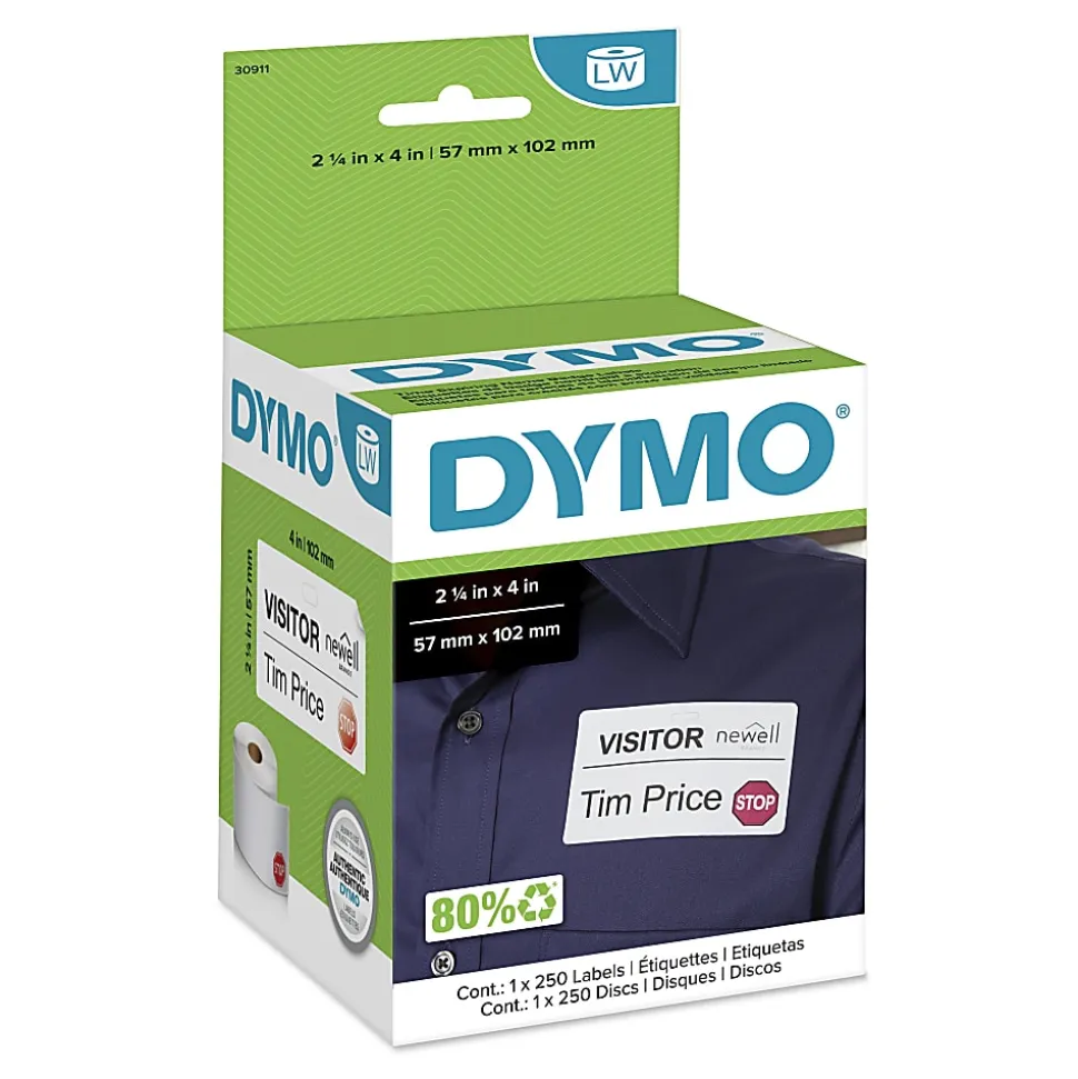DYMO® Authentic LW Name Badge Labels with 12-Hour Expiration Notification Disks for LabelWriter™ Label Printers, White, 2-1/4" x 4", 1 Roll of 250