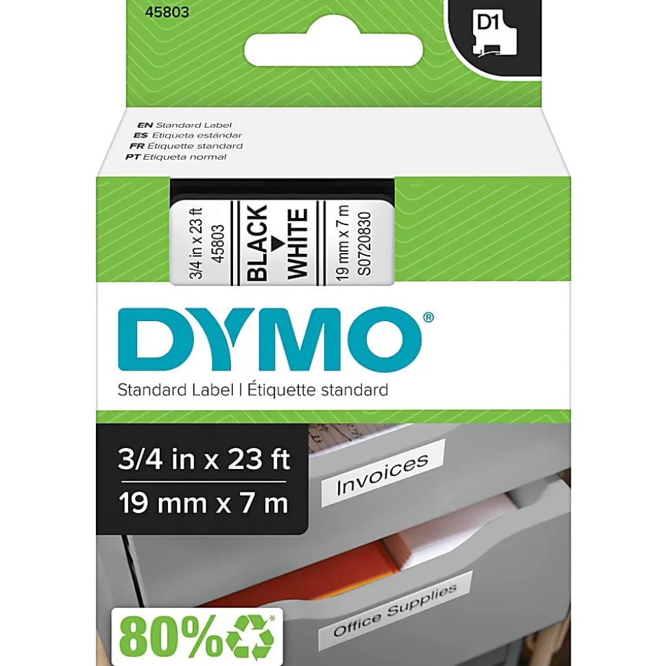 DYMO® D1 45803 Black-On-White Tape, 0.75" x 23'