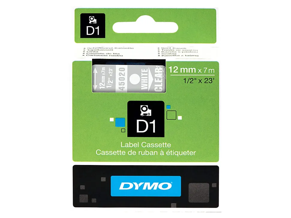 Dymo D1 Self-Adhesive Standard Labeling Tape for LabelManager™ and LabelWriter™ Duo Label Makers, 12" x 23', White on Clear