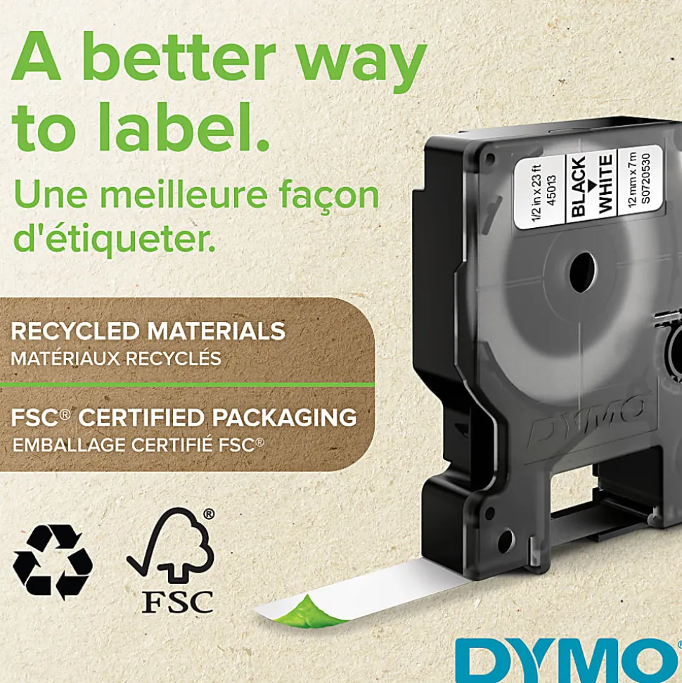 Dymo D1 Self-Adhesive Standard Labeling Tape for LabelManager™ and LabelWriter™ Duo Label Makers, 12" x 23', White on Clear